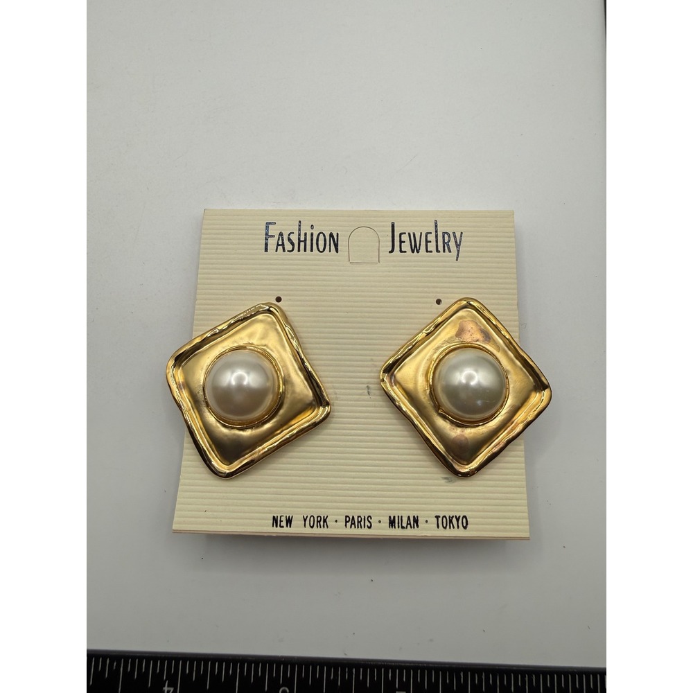 Vintage Gold Tone Faux Pearl Square Clip On Earrings Geometric Statement 80s